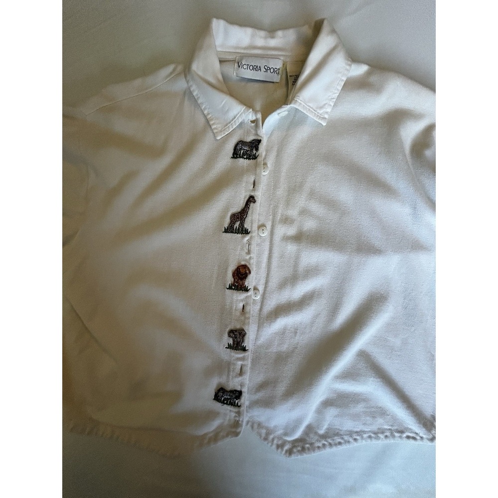 Victoria Sport Out Of Africa Crop Top Cream Embroidered Animal Vintage 1990s L